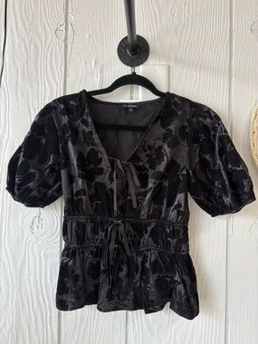 Blu Pepper Black Floral Velvet Tie-Neck Puff Sleeve Top